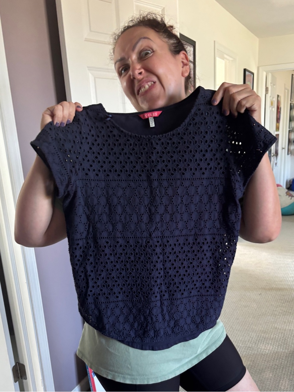 Joules Navy Eyelet Crochet Short Sleeve Top